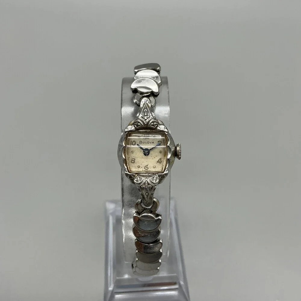 Vintage Bulova Womens Watch 16mm 10K RGP 1957 Stretch Band Diamond Manual Wind